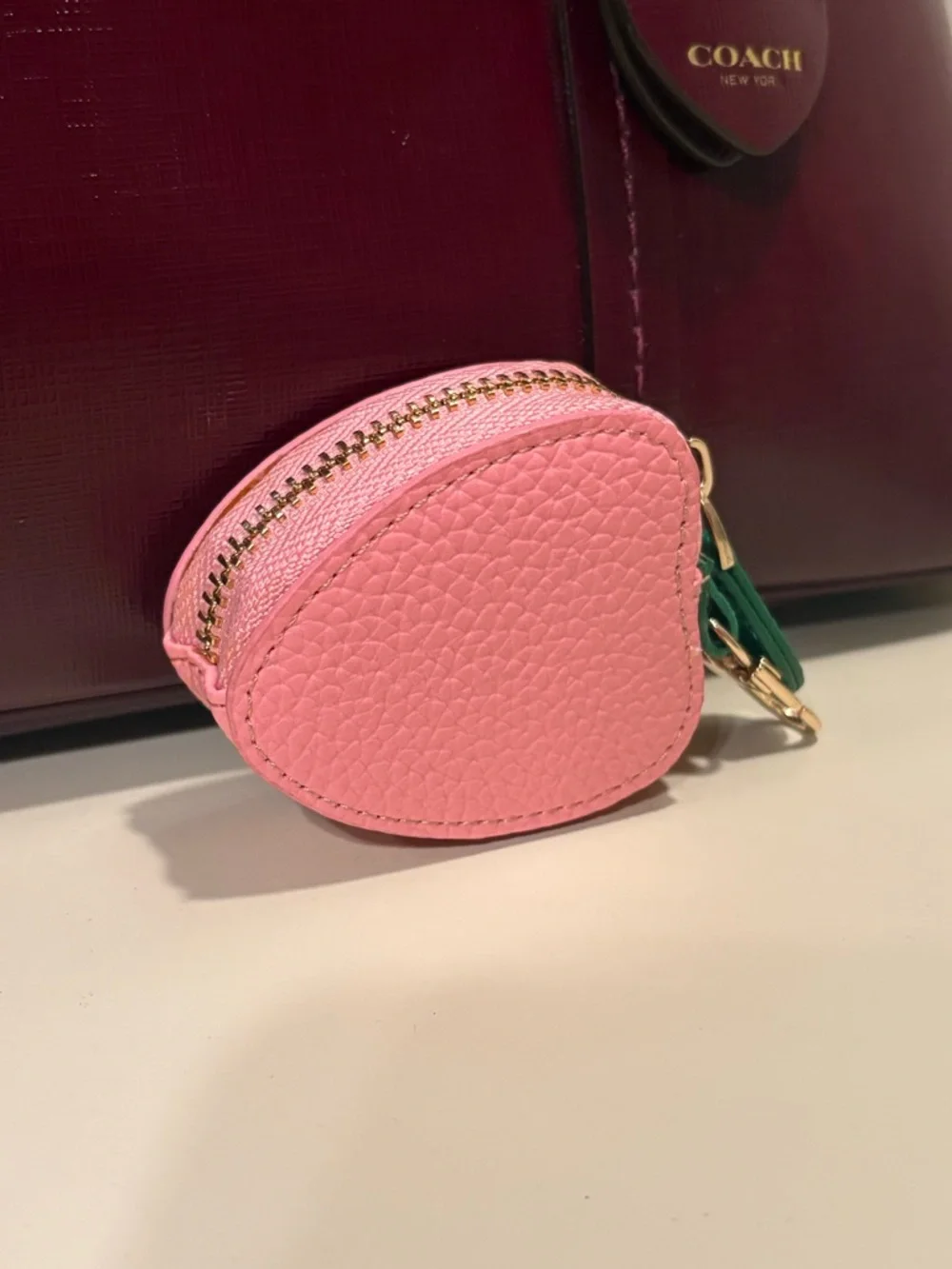 Pink Strawberry Coin Purse Keychain with Green Leaf Accent - Picture 3 of 3
